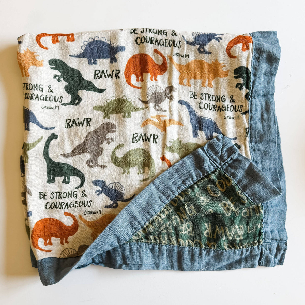 Dinosaurs "Be Strong and Courageous" Luxury Double Sided Muslin Catholic Blanket
