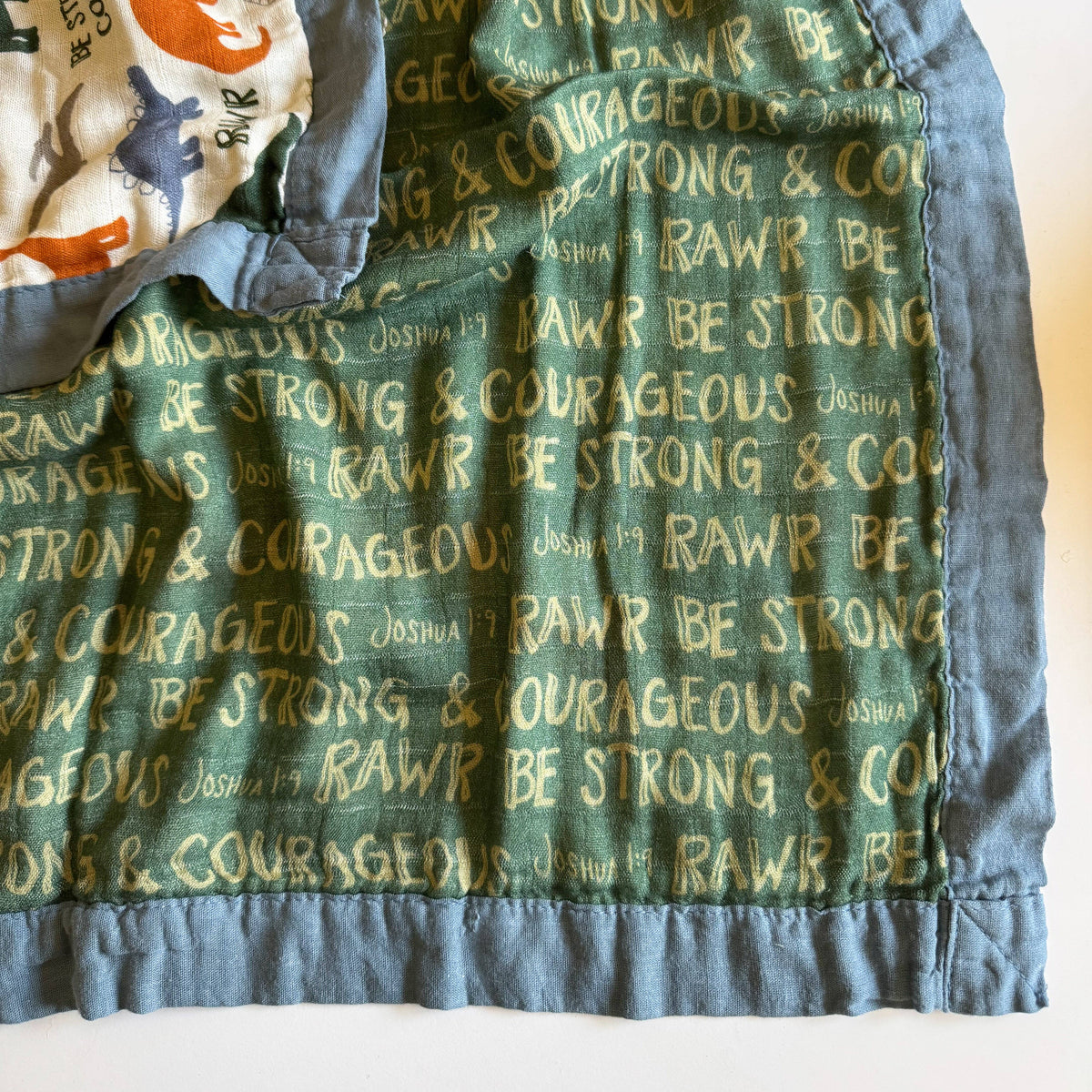 Dinosaurs "Be Strong and Courageous" Luxury Double Sided Muslin Catholic Blanket