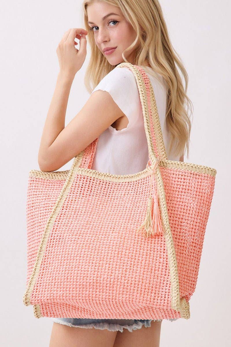 Island Escape Pink Two-Tone Woven Straw Tassel Tote