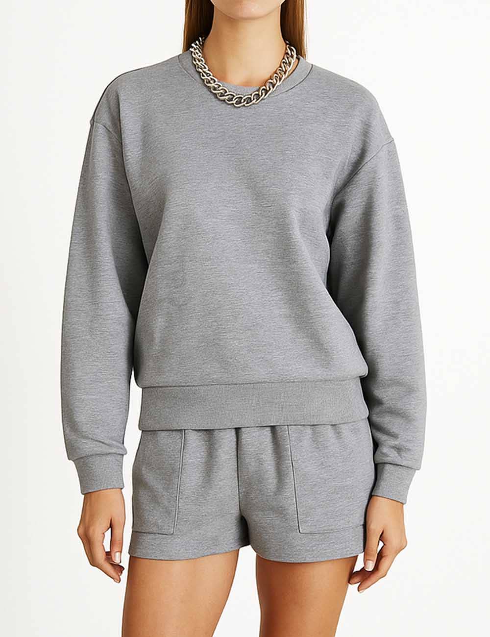 Ladies Solid Color Long Sleeves Sweatshirt & Shorts Set