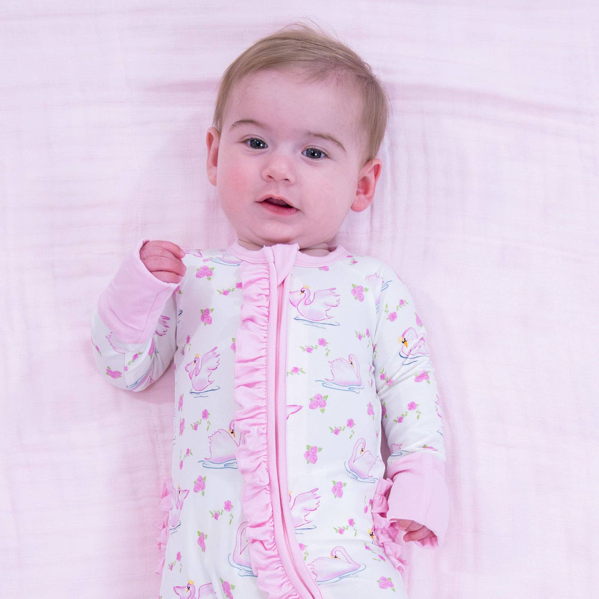 Bamboo Baby Convertible Ruffle Zipper Pajama Swan Soiree