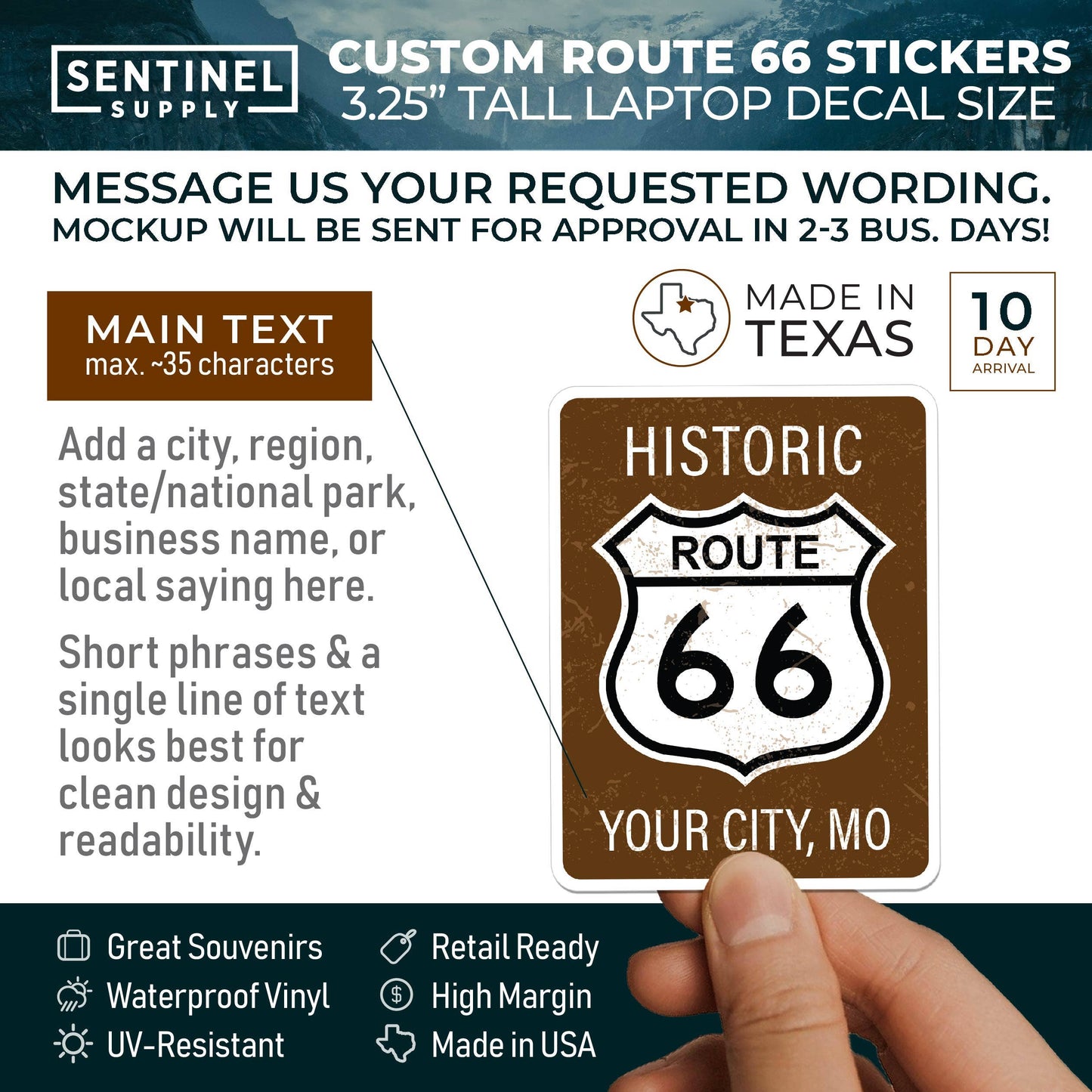 Custom Route 66 Stickers - Name Drop Travel Decals