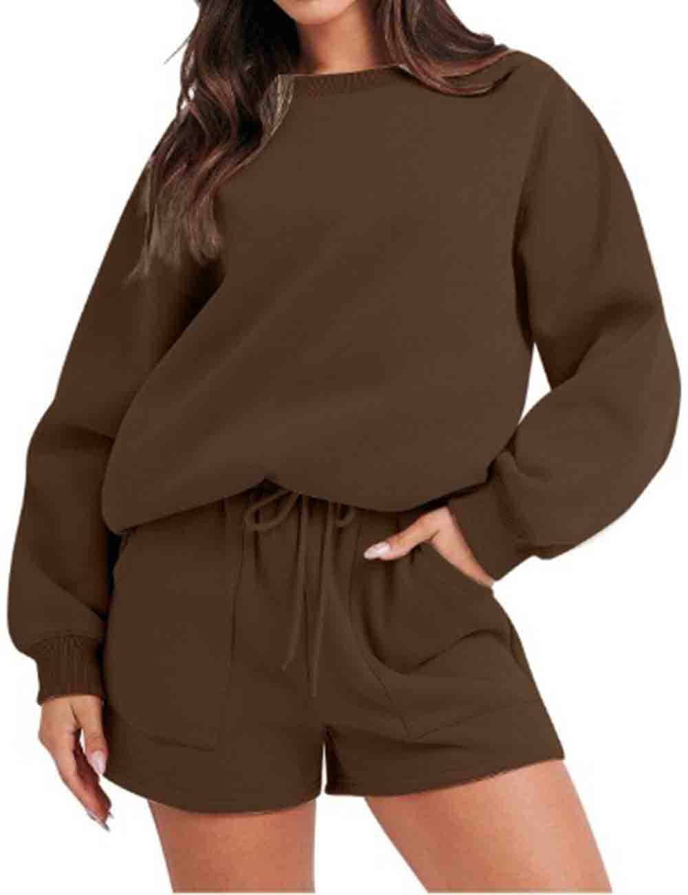 Ladies Solid Color Long Sleeves Sweatshirt & Shorts Set