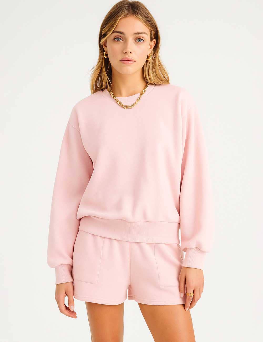 Ladies Solid Color Long Sleeves Sweatshirt & Shorts Set