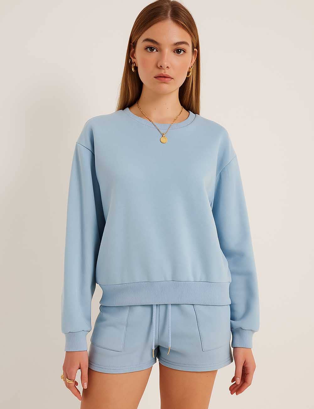 Ladies Solid Color Long Sleeves Sweatshirt & Shorts Set