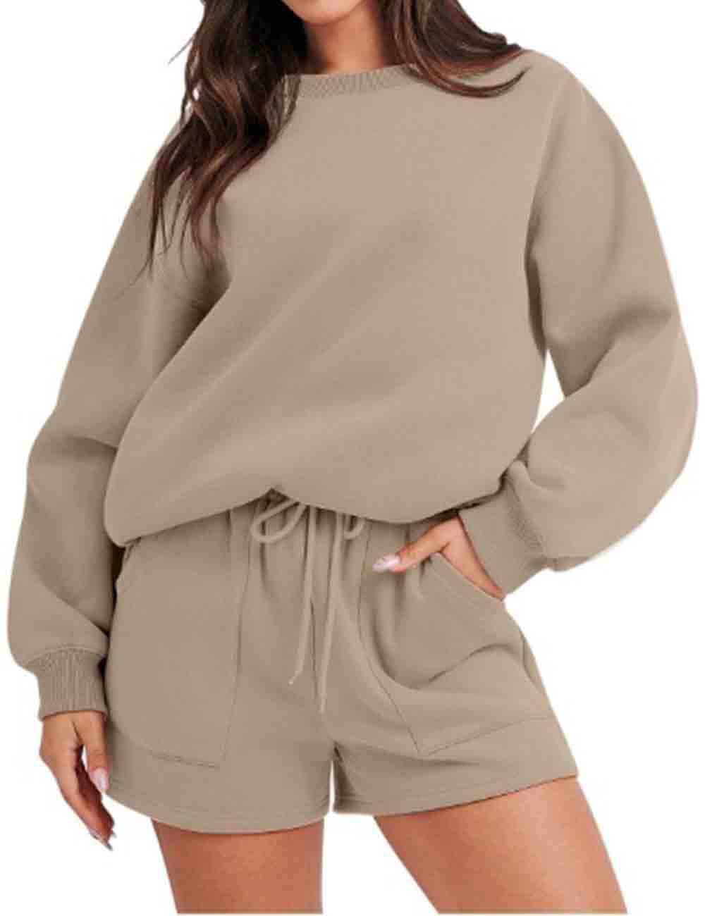 Ladies Solid Color Long Sleeves Sweatshirt & Shorts Set