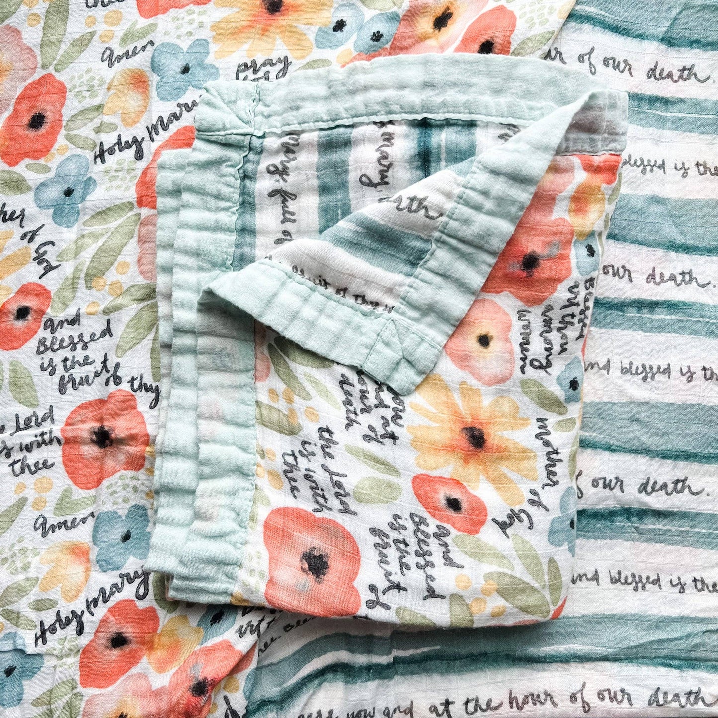 Catholic Luxury Double Sided Muslin Blanket - Watercolor Hail Mary