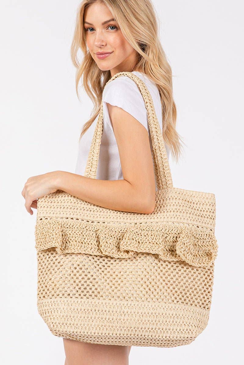 Sunny Getaway Beige Ruffle Crochet Straw Tote Bag
