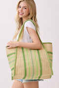 Laguna Stripe Green Straw Shoulder Tote